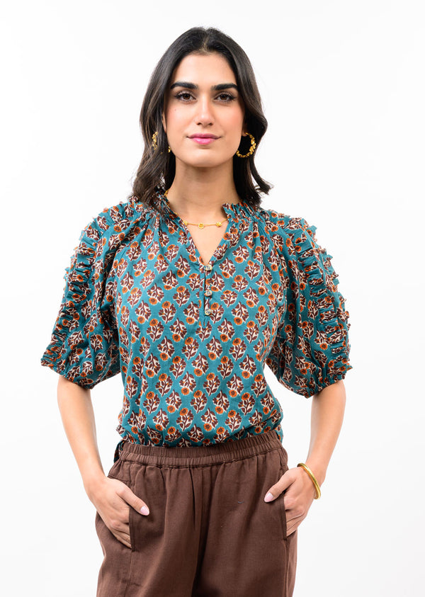 Turqouise Ruffled Sleeve Top