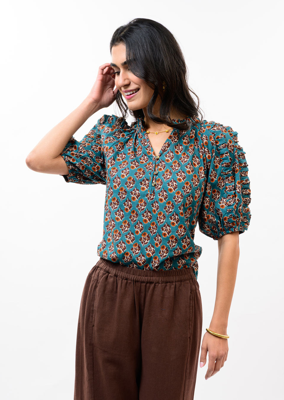 Turqouise Ruffled Sleeve Top