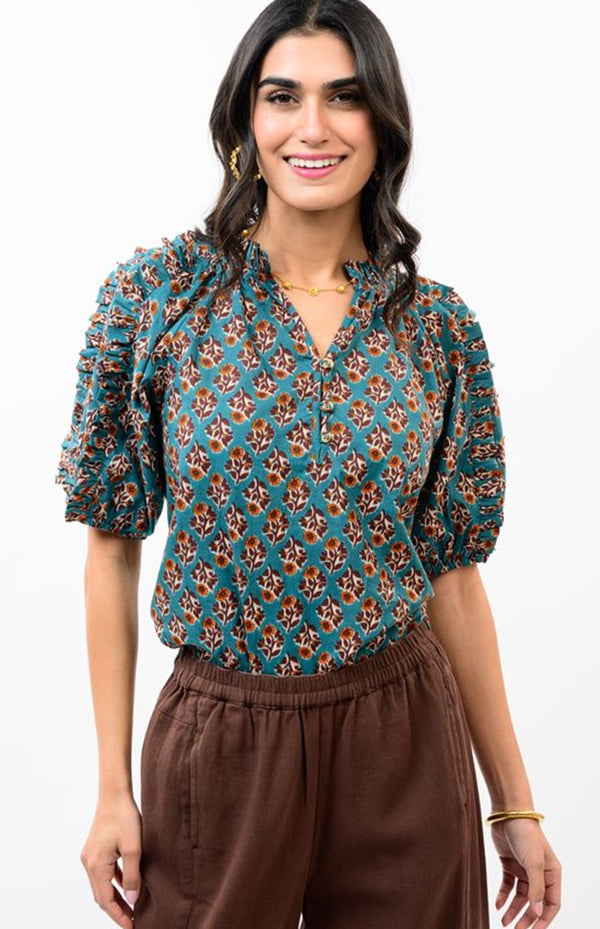 Turqouise Ruffled Sleeve Top