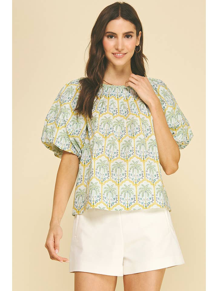 Tropical Palm Print Puff Sleeve Top