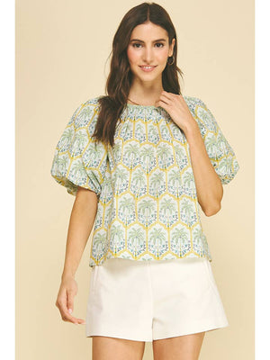 Tropical Palm Print Puff Sleeve Top