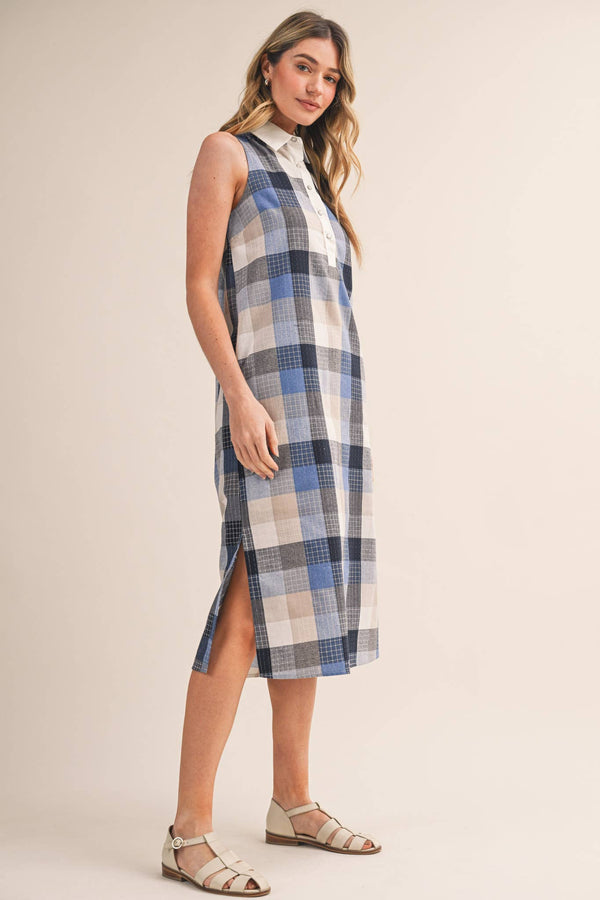 Checkered Plaid Button Down Midi Dress