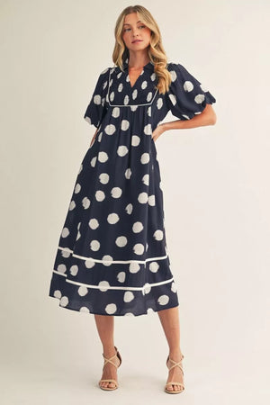 Puff Sleeve Polk Dot Midi Dress