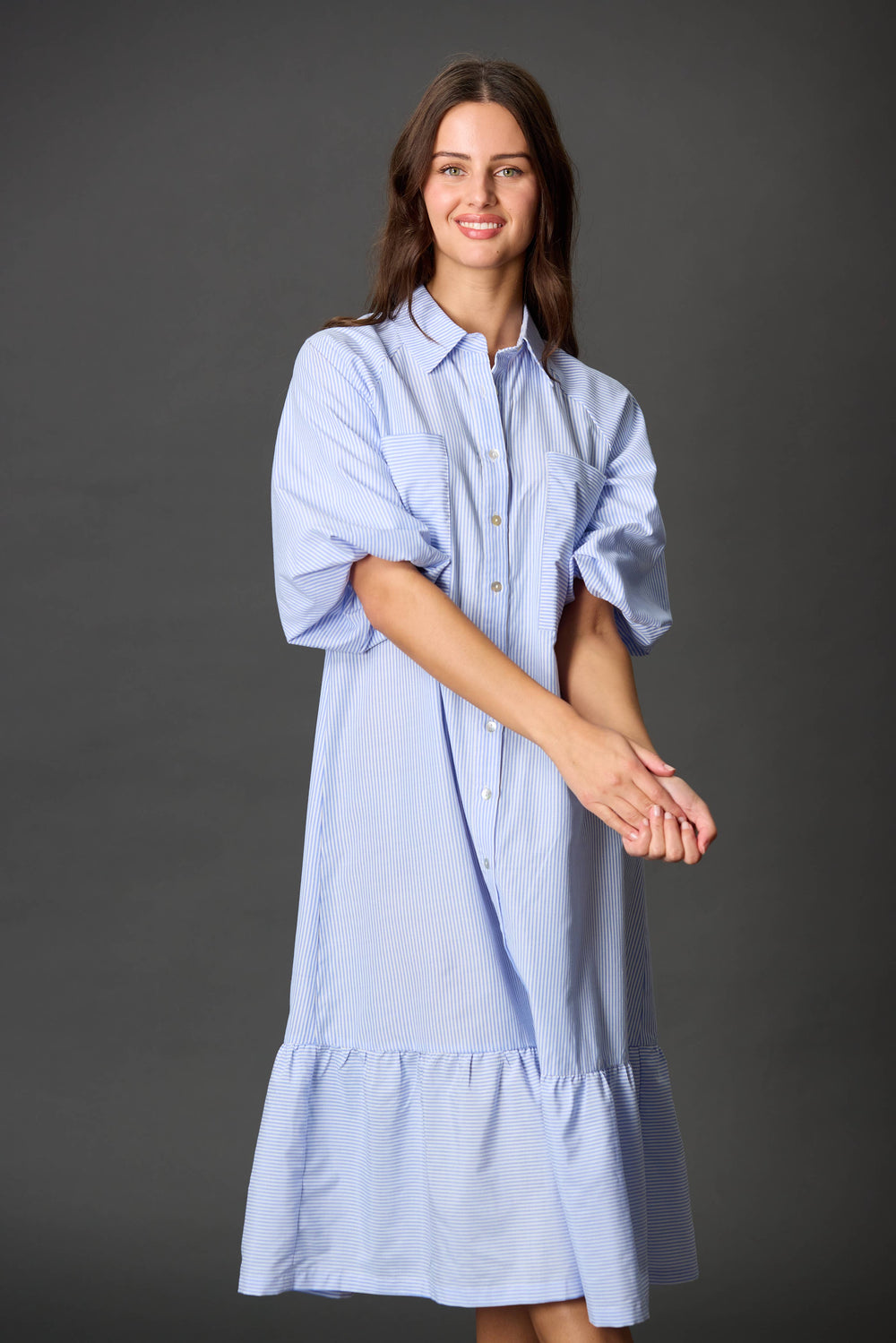 Striped Cotton Puff Sleeve Midi Dress