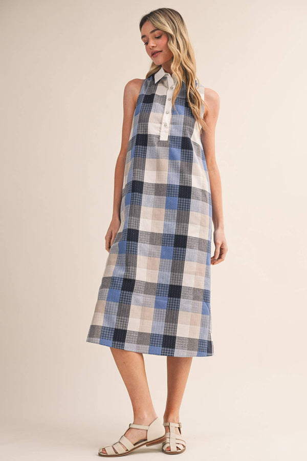 Checkered Plaid Button Down Midi Dress