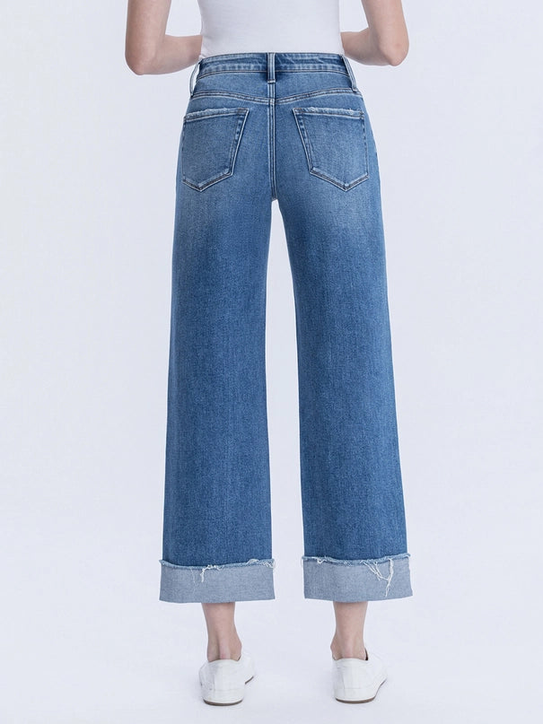 High Rise Cuffed Raw Hem Slim Wide Jeans