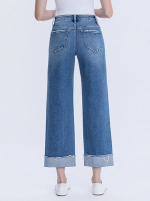 High Rise Cuffed Raw Hem Slim Wide Jeans
