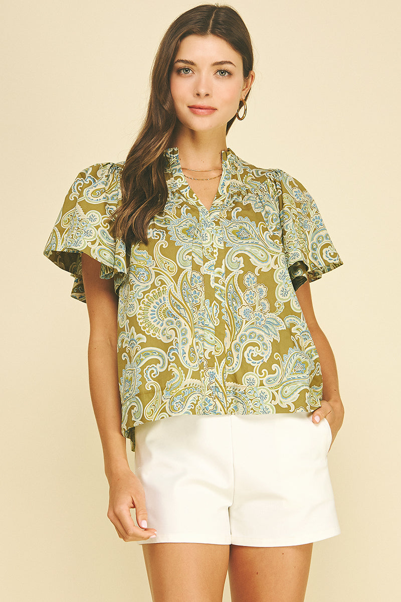 Paisley Print V-Neck Blouse