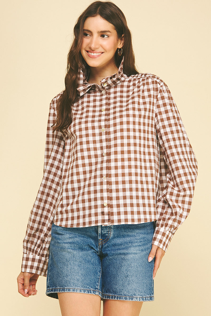 Gingham Check Ruffled Collar Top