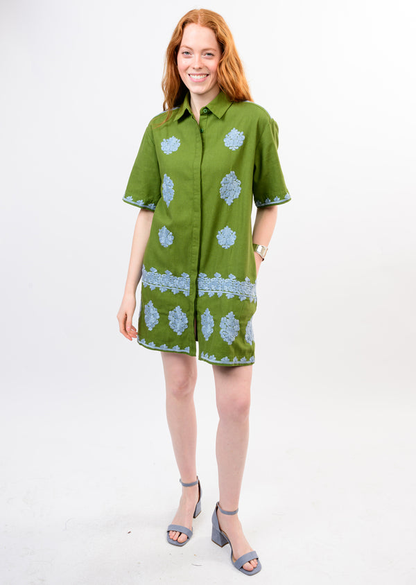 Olive Embroidered Shirt Mini Dress