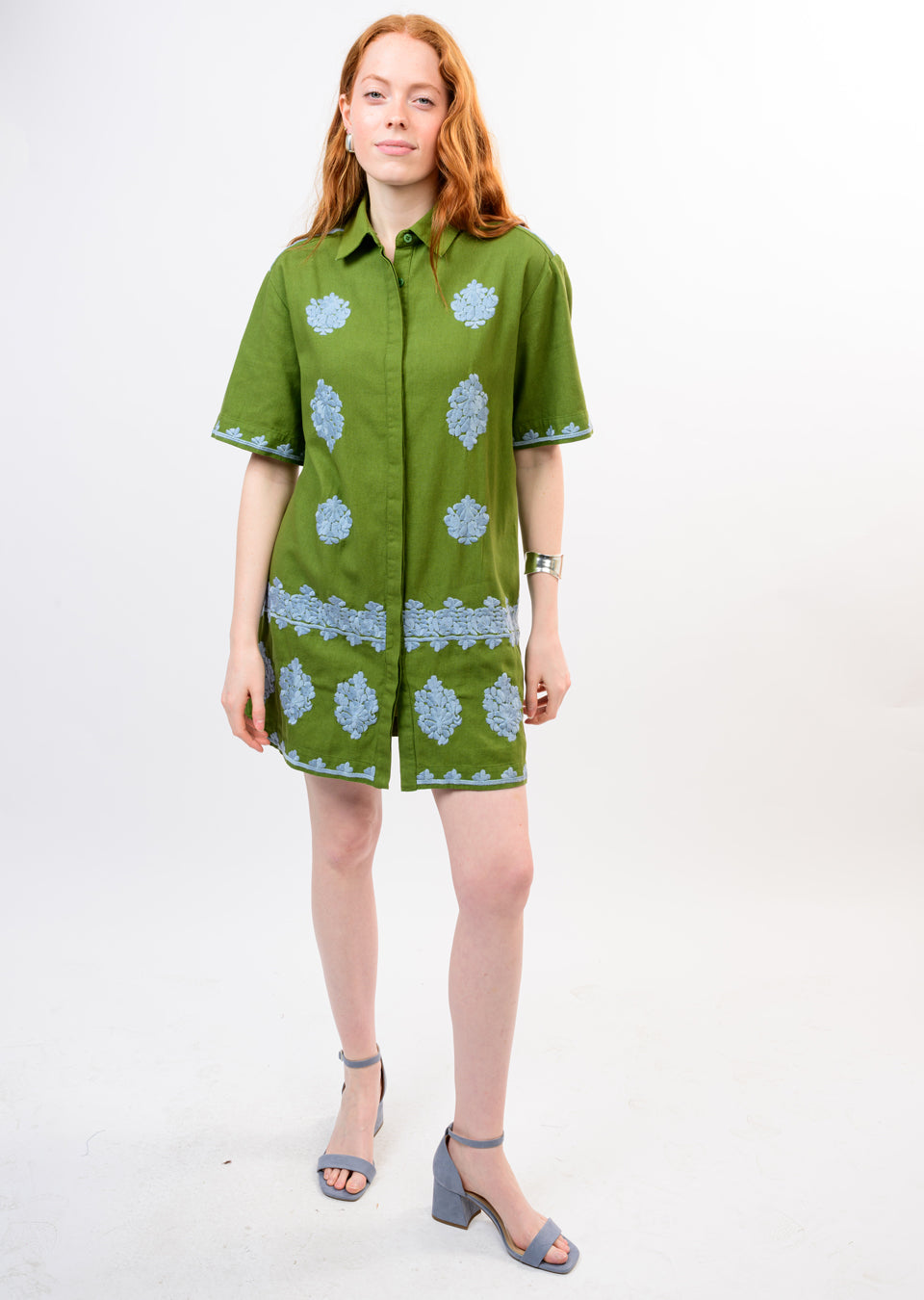 Olive Embroidered Shirt Mini Dress