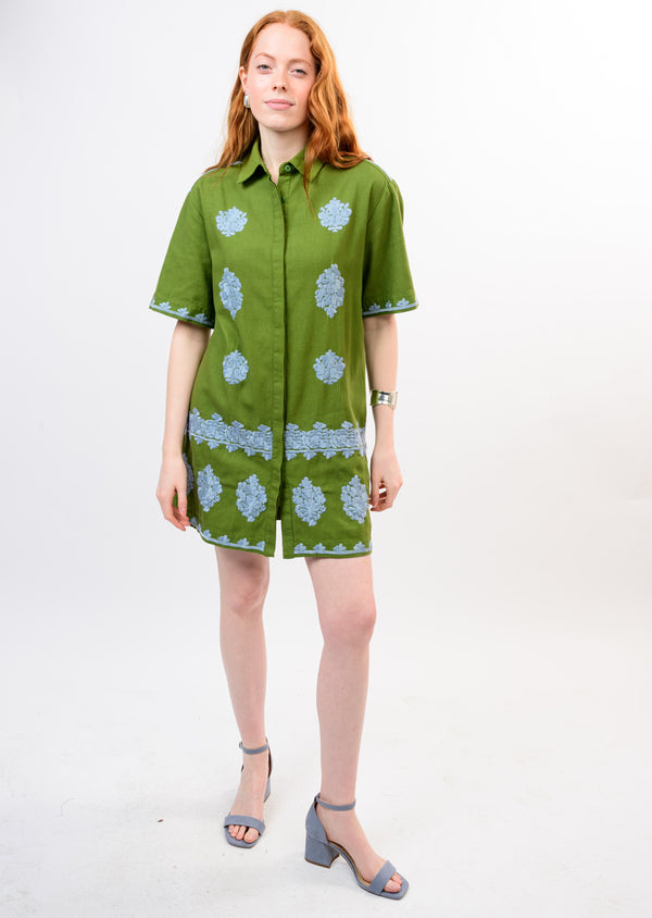 Olive Embroidered Shirt Mini Dress