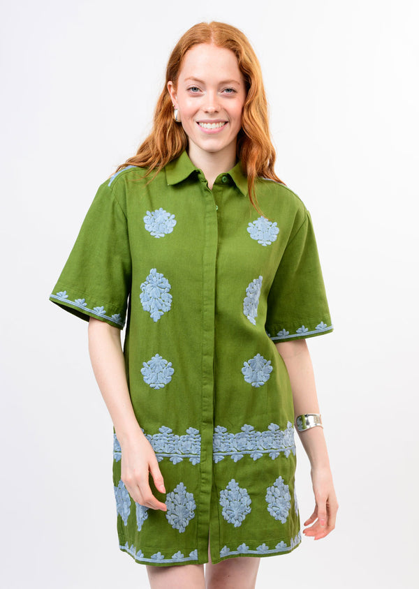 Olive Embroidered Shirt Mini Dress