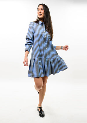 Striped Pleated Blue Skirt Mini Dress