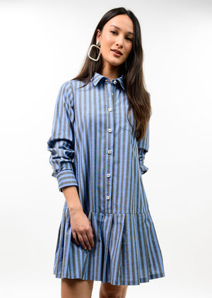Striped Pleated Blue Skirt Mini Dress