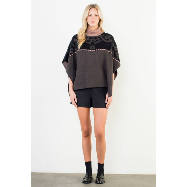 Jacquard Floral Knit Poncho