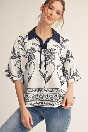 Embroidered & Contrast Collar Top