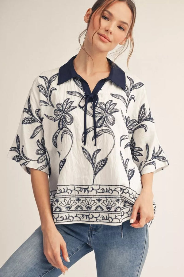Embroidered & Contrast Collar Top