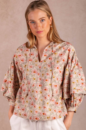 Print Cotton Peasant Blouse Knotted String Top