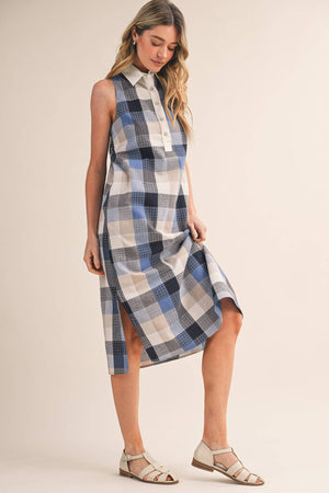 Checkered Plaid Button Down Midi Dress