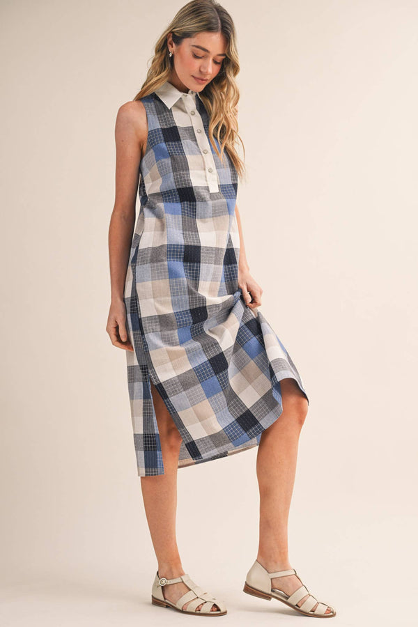 Checkered Plaid Button Down Midi Dress
