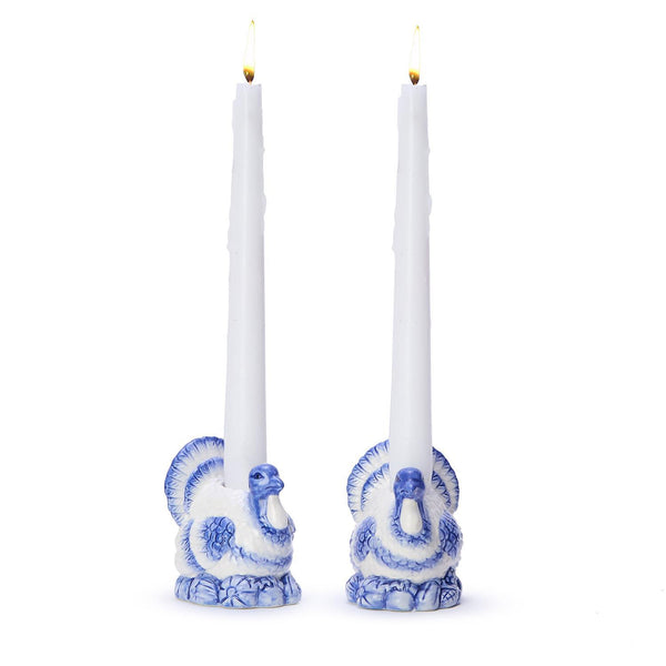 Set of 2 Blue and White Hand-Painted Turkey Candleholders