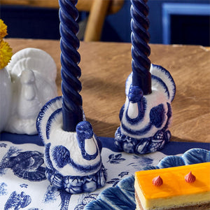 Set of 2 Blue and White Hand-Painted Turkey Candleholders