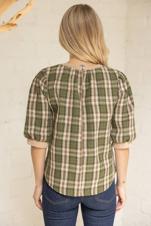 Suede Accent Banded Crinkled Plaid Top