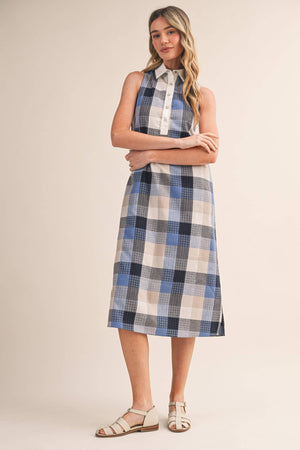 Checkered Plaid Button Down Midi Dress