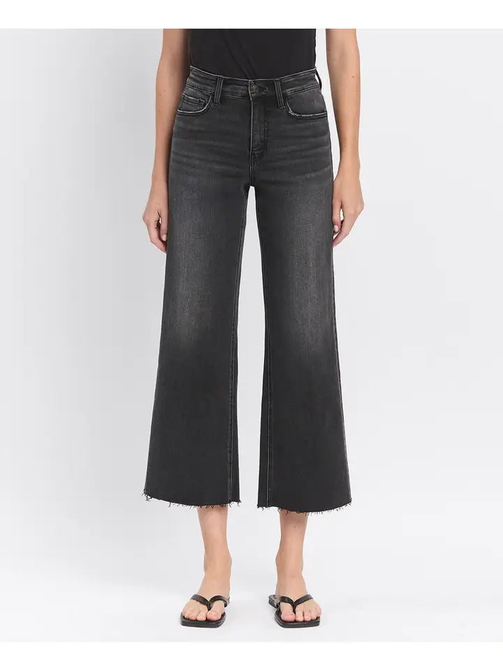 High Rise Clean Cut Raw Hem Crop Wide Leg Jeans