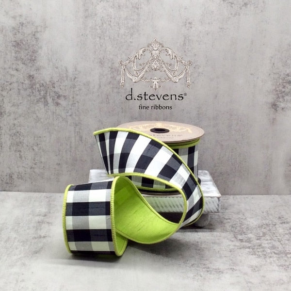 Faux Dupion Check Green Back Ribbon
