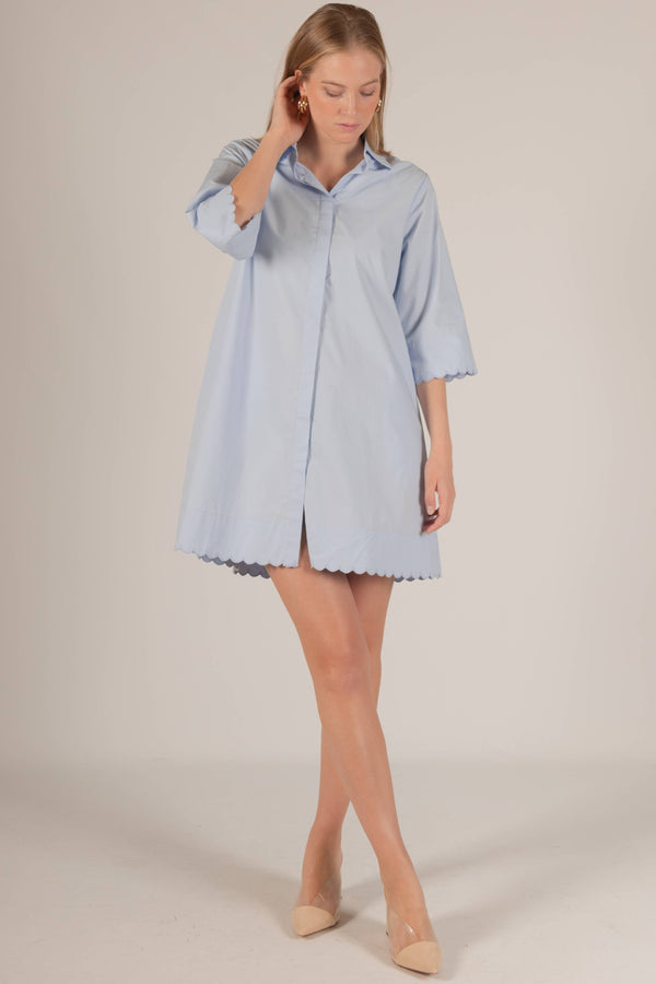 Poplin Scalloped Hem Button Up Shirt Dress