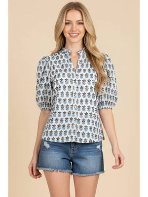 Floral Puff Sleeve Collard Blouse
