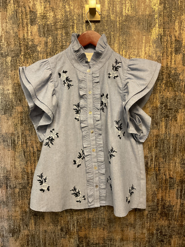 Denim Ruffle Embroidered Top