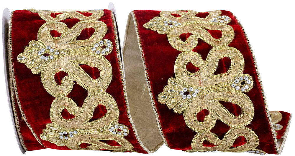 JEWELED CORONATION VELVET PLUSH GOLD BACKED WIRED EDGE RIBBON