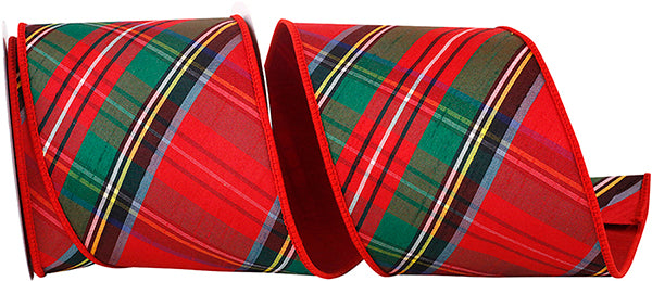 PLAID DUPIONI CLASSIC DIAGONAL LUXE RED BACKED WIRED EDGE RIBBON