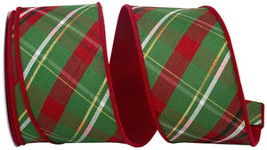 PLAID DUPIONI VERDE DIAGONAL RED BACKED WIRED EDGE RIBBON