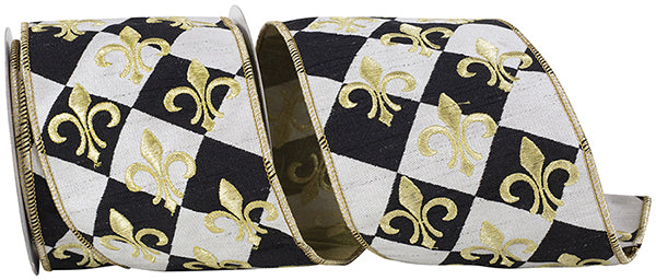 Golden Fleur De Lis Harlequin Deluxe Meshed Back Wired Edge Ribbon