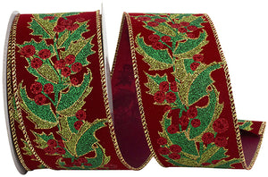 HOLLY LEAVES GLITTER FESTIVE VELVET WIRED EDGE RIBBON