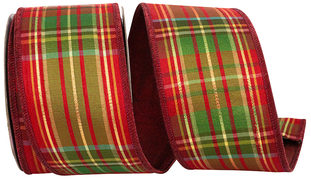 PLAID CRANBERRY METALLIC DELUXE BACKED WIRED EDGE RIBBON