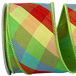 Primary Plaid Diagonal Deluxe Dupioni Backed Wired Edge Ribbon