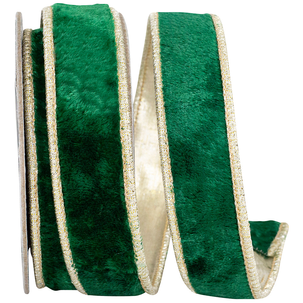 PLUSH HOLIDAY GREEN VELVET DELUXE DUPIONI METALLIC BACKED WIRED EDGE RIBBON