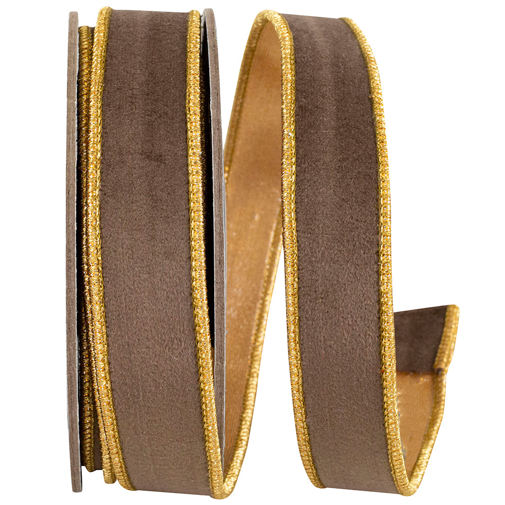 VELVET TOUCH DELUXE METALLIC DUPIONI BACKED BROWN WIRED EDGE RIBBON