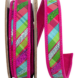 Glitter Diagonal Bright Plaid Deluxe Fuchsia Backed Wired Edge Ribbon