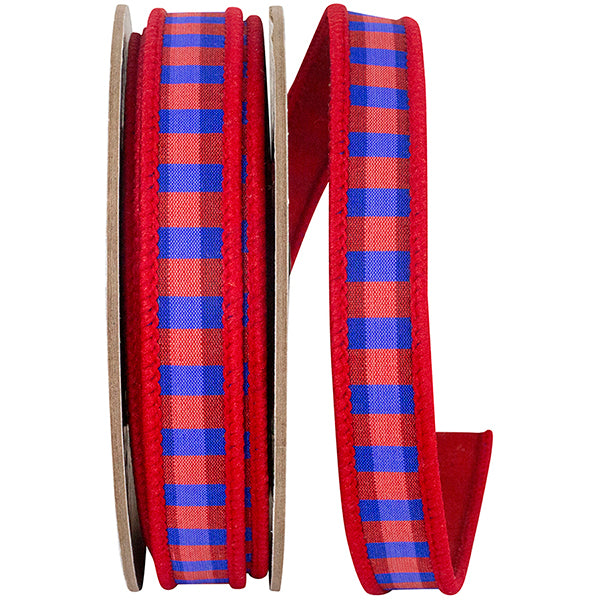 Red And Blue Check Deluxe Red Dupioni Backed Wired Edge Ribbon