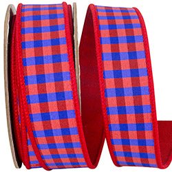 Red And Blue Check Deluxe Red Dupioni Backed Wired Edge Ribbon