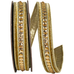 JEWELED CENTER PLUSH VELVET DELUXE METALLIC DUPIONI BACKED WIRED EDGE RIBBON