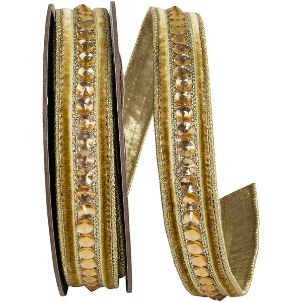 JEWELED CENTER PLUSH VELVET DELUXE METALLIC DUPIONI BACKED WIRED EDGE RIBBON