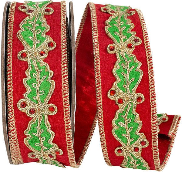 HOLLY LEAF JEWEL EMBROIDERY OVERLAY DUPIONI LAME RED BACKED WIRED EDGE RIBBON