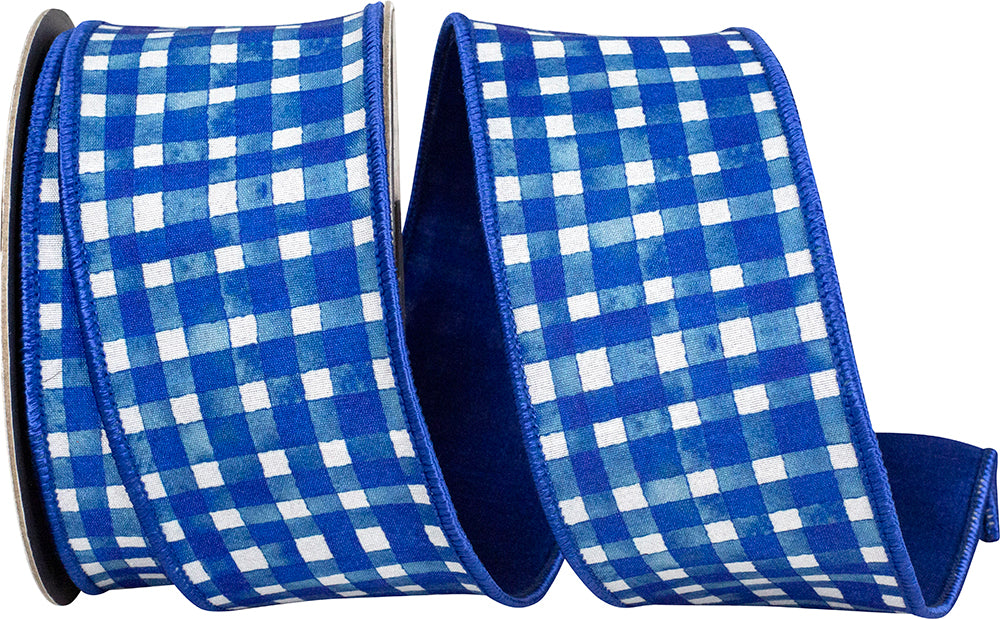 BLUE WATERCOLOR CHECK DELUXE DUPIONI BACKED WIRED EDGE RIBBON